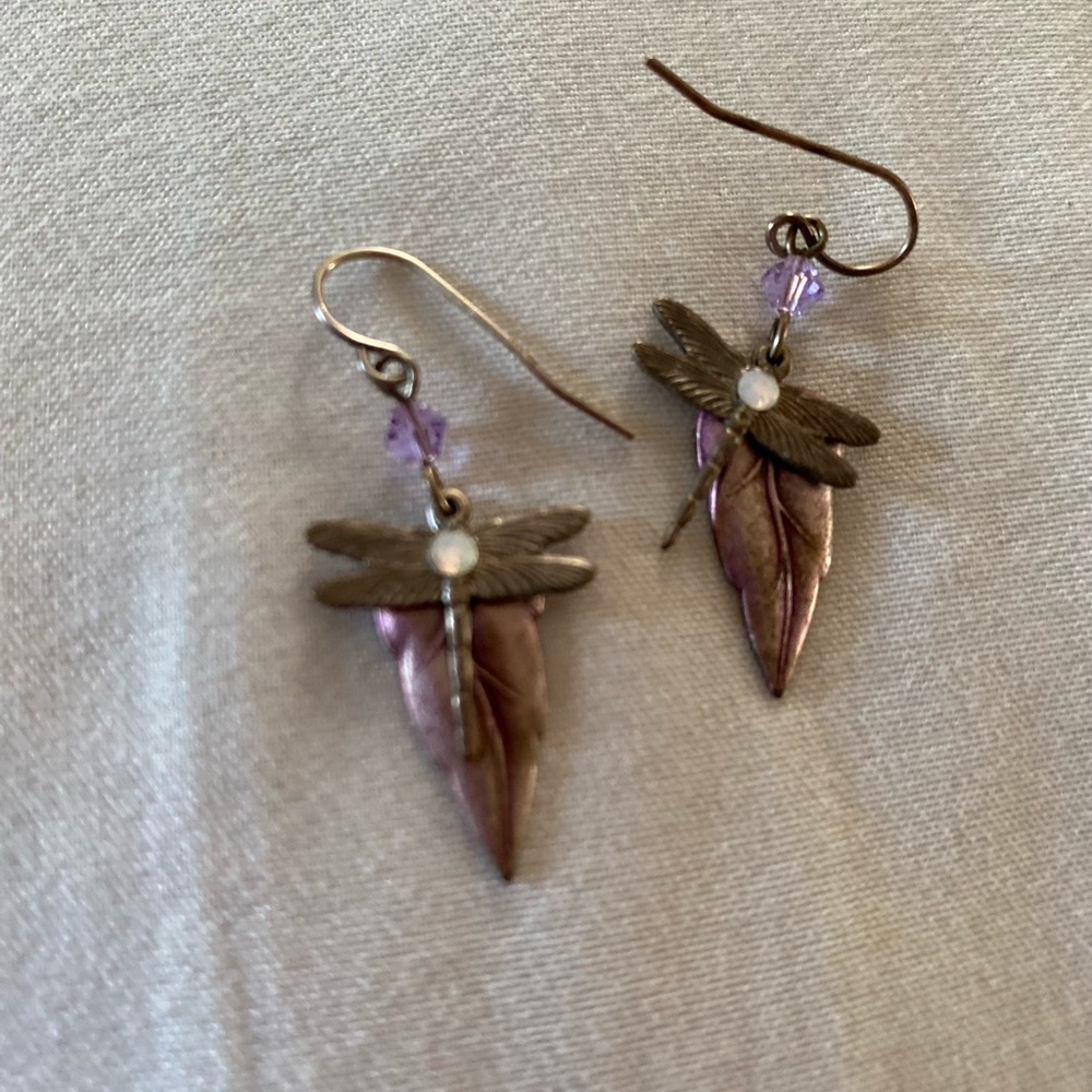 Dragon fly & feather earrings